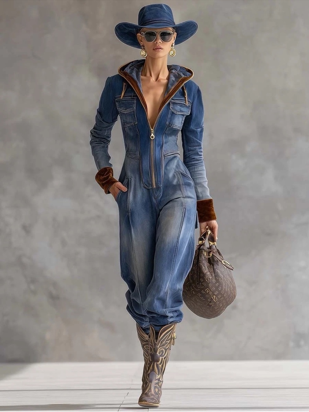 OYROSY Denim Jumpsuit M Western Hooded Brown Velvet Trim Utility Boho
